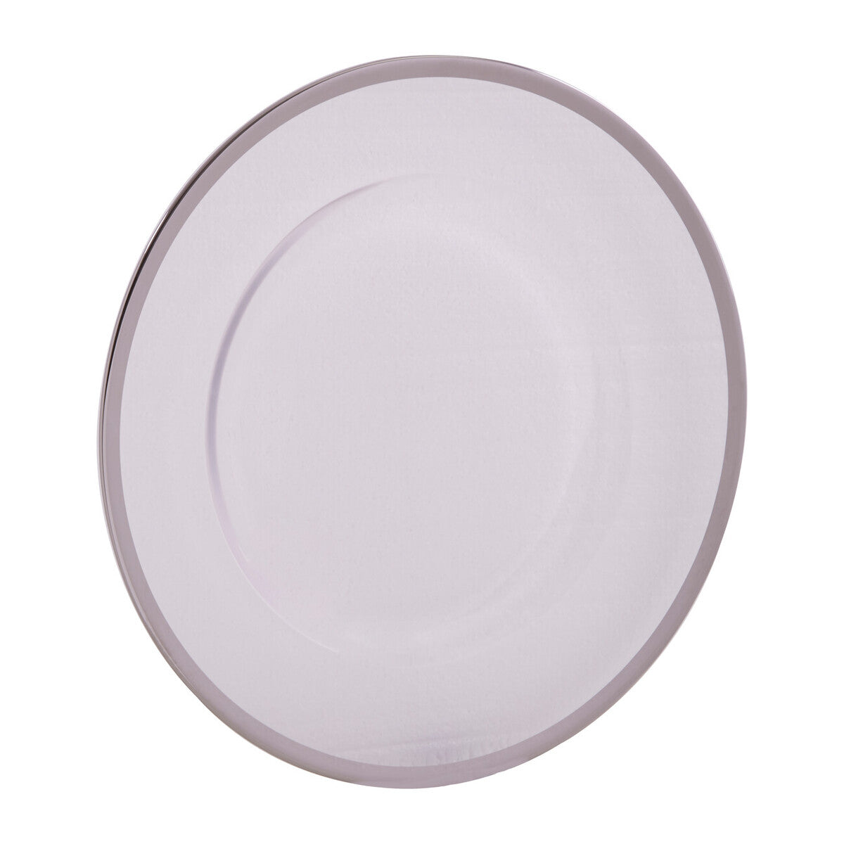 Four glass charger plates styled across a dining table setting