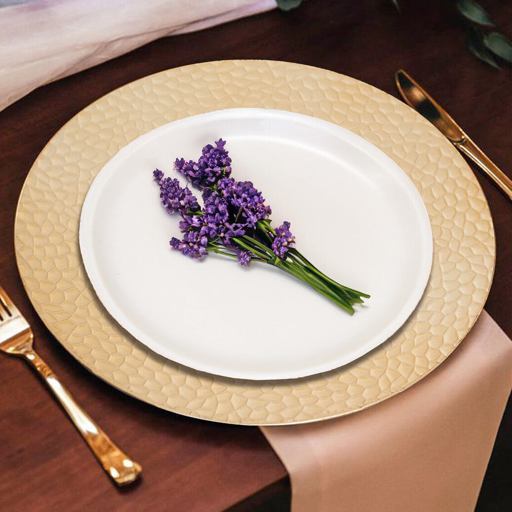 Gold hammered rim charger plate shown at an angle