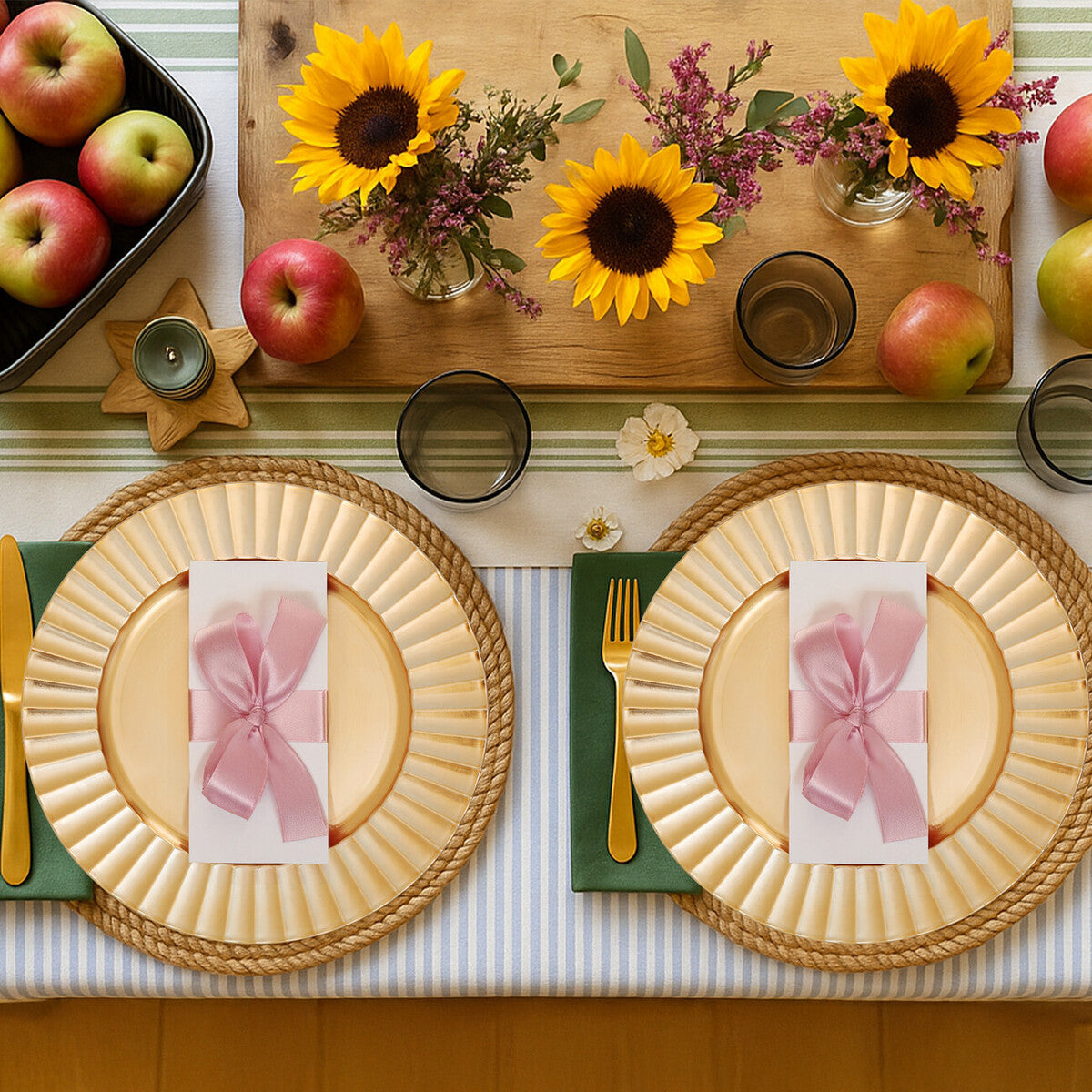 Gold charger plate laid beneath a dinner plate in a table setting