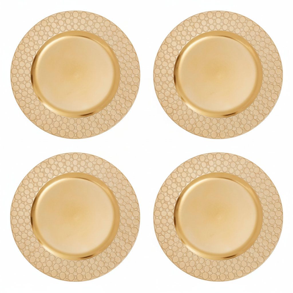 Set of four gold charger plates with octagon pattern rim, 33cm