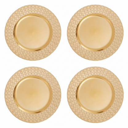Set of four gold charger plates with octagon pattern rim, 33cm