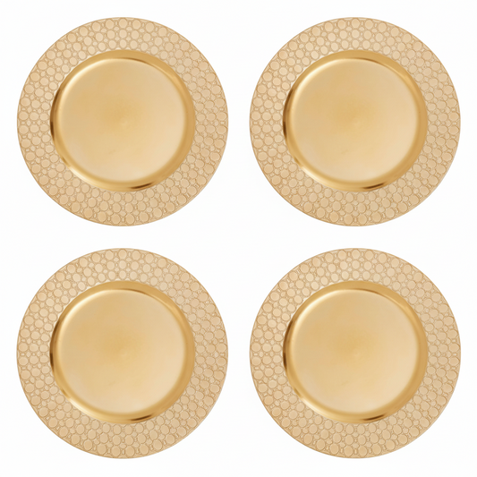 Set of four gold charger plates with octagon pattern rim, 33cm