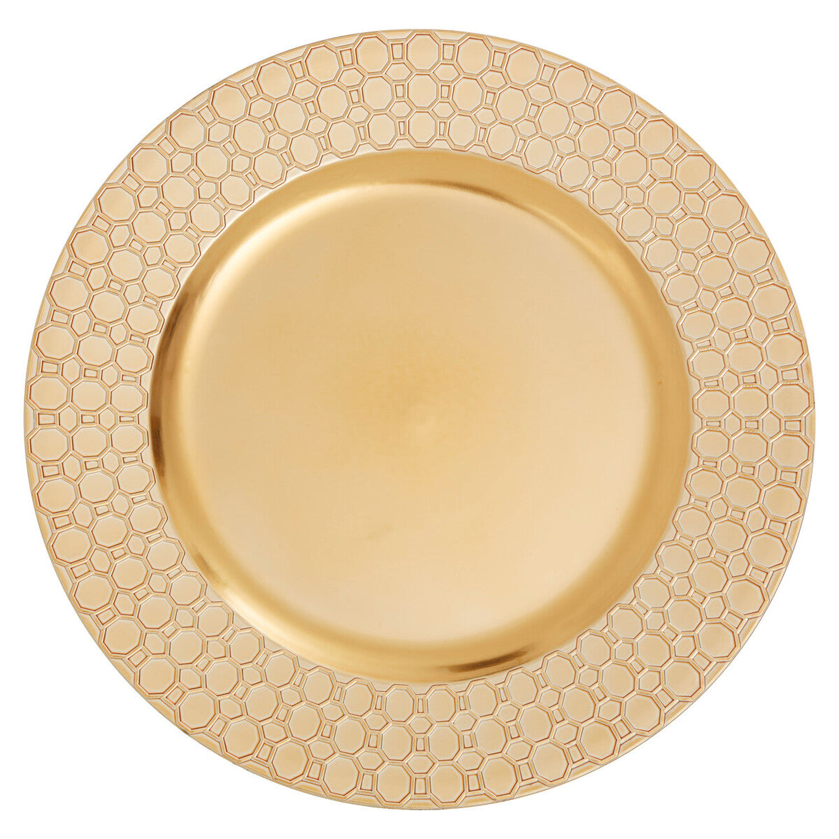Gold charger plate laid beneath a dinner plate in a place setting