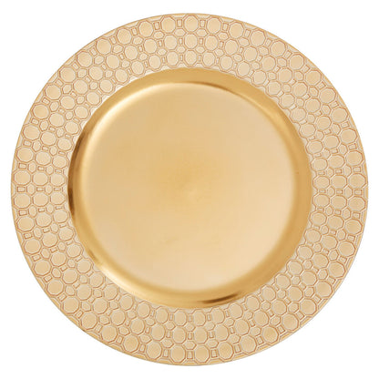 Gold charger plate laid beneath a dinner plate in a place setting