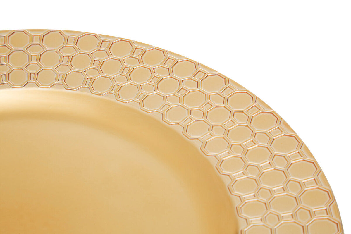 Close-up detail of the octagonal pattern on the gold charger plate rim