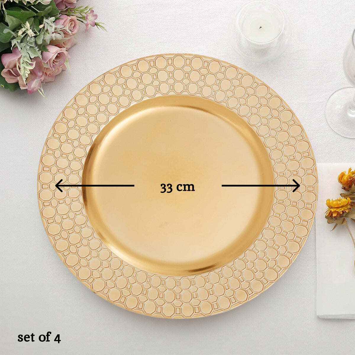 Side view of the gold octagon rim charger plate showing its profile