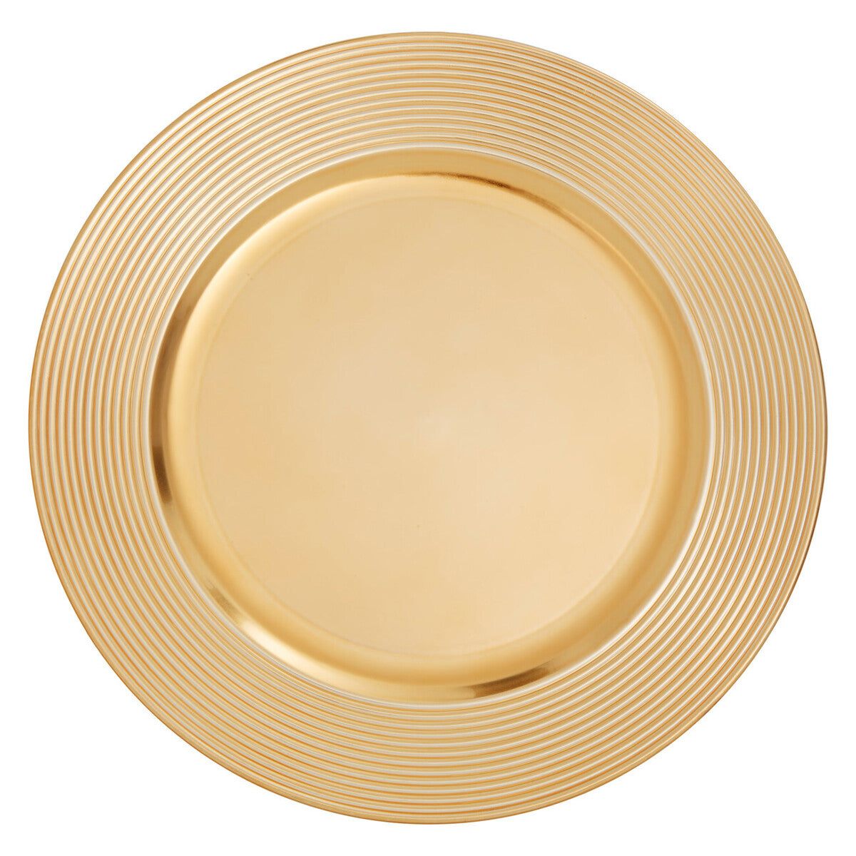 Gold charger plate laid beneath a dinner plate in a place setting