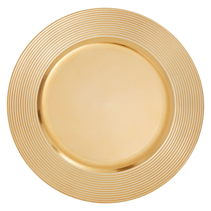 Gold charger plate laid beneath a dinner plate in a place setting