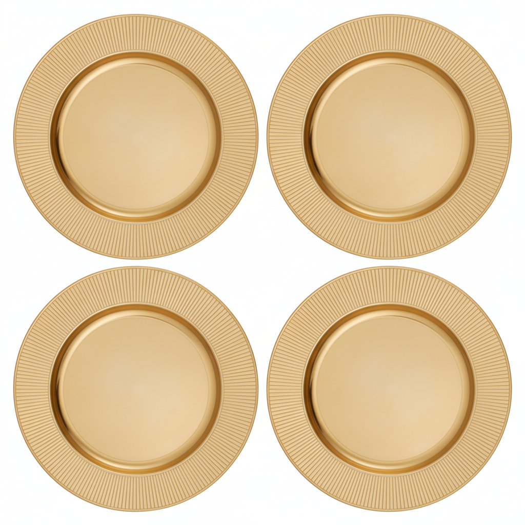 Set of four gold charger plates with ribbed rims, 33cm