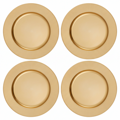 Set of four gold charger plates with ribbed rims, 33cm