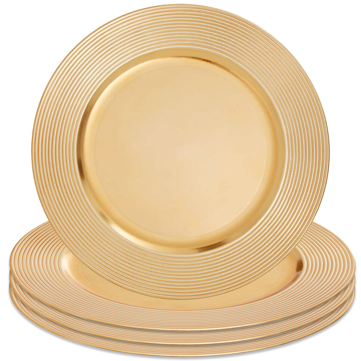 Close-up detail of the ribbed rim on the gold charger plate