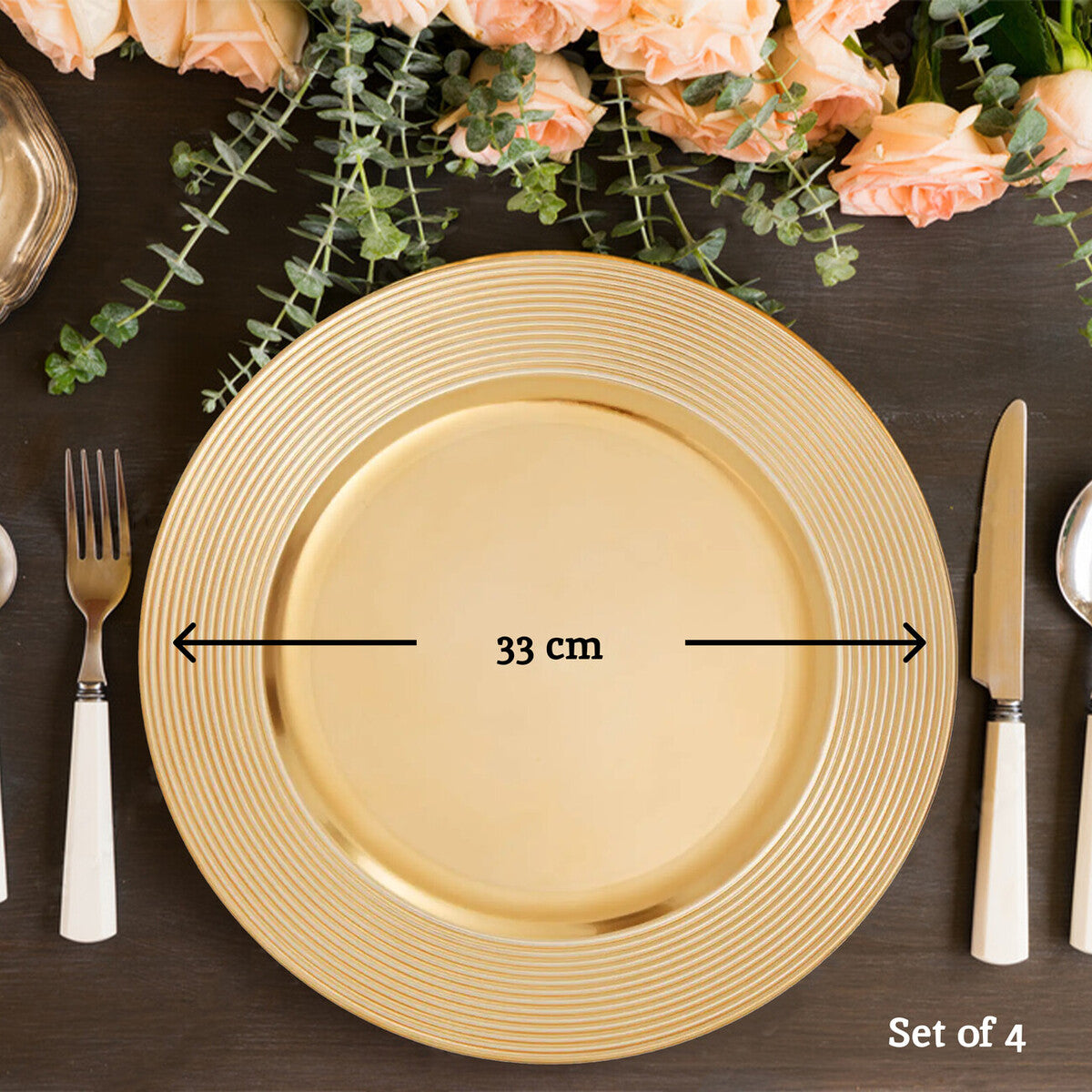 Gold charger plates arranged together showing the matching set