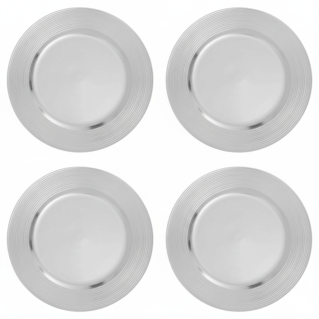 Set of four silver charger plates with ribbed rims, 33cm
