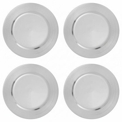 Set of four silver charger plates with ribbed rims, 33cm