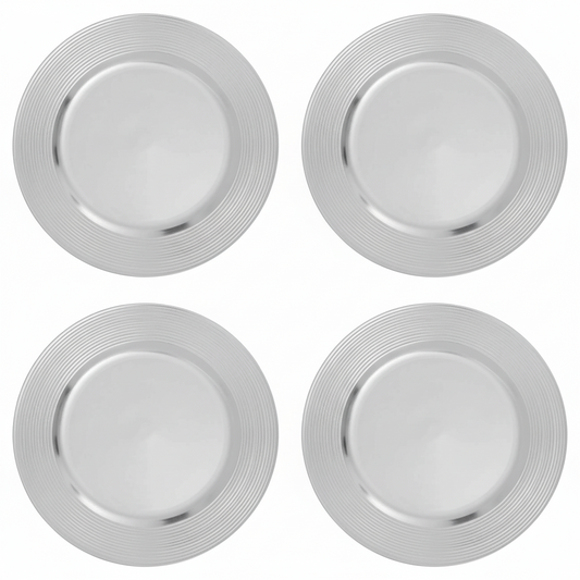Set of four silver charger plates with ribbed rims, 33cm