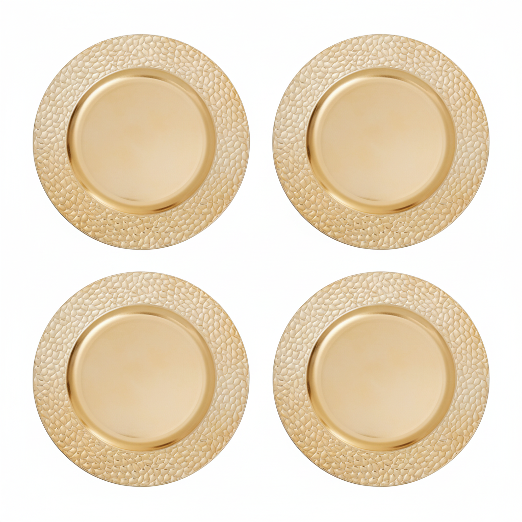 Set of four gold charger plates with a hammered rim, 33cm