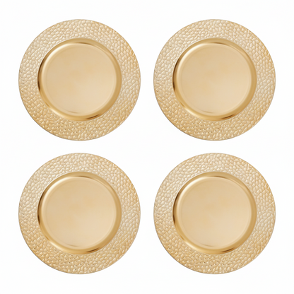 Set of four gold charger plates with a hammered rim, 33cm