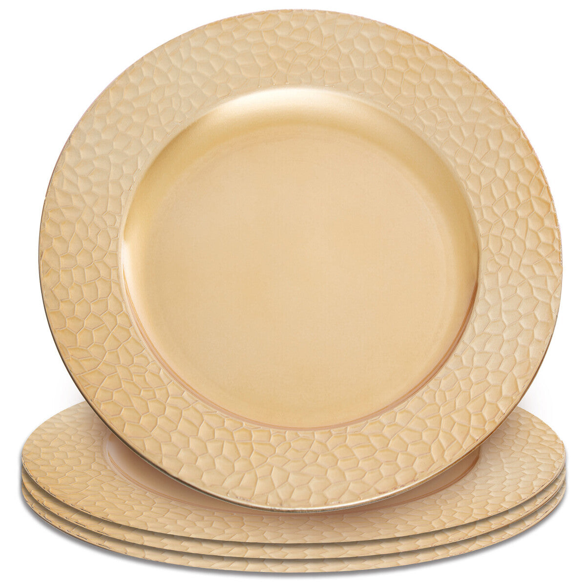 Gold charger plates arranged together showing the matching set