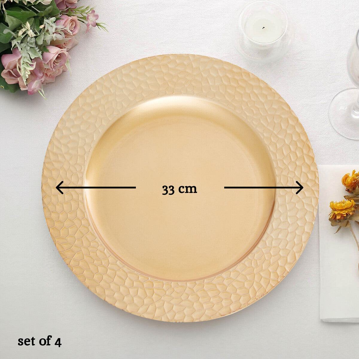 Side view of the gold charger plate showing its profile