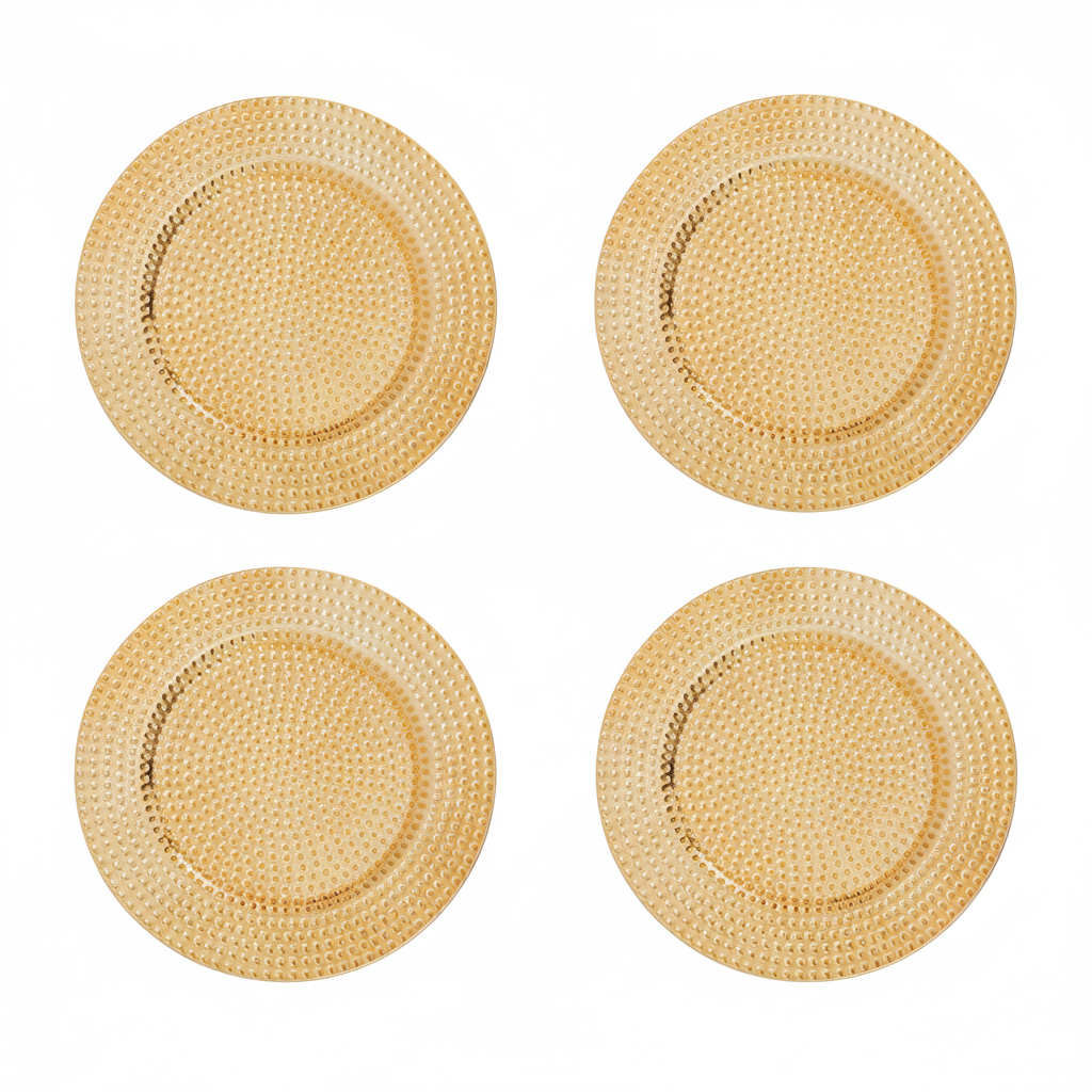 Set of four gold hammered charger plates, 33cm diameter