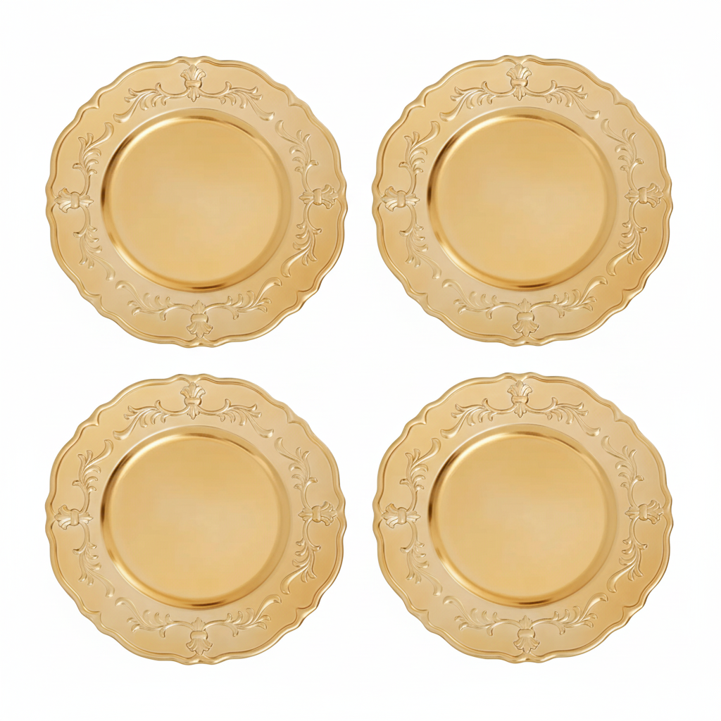 Set of four gold baroque charger plates with scalloped rim, 33cm