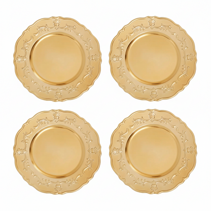 Set of four gold baroque charger plates with scalloped rim, 33cm
