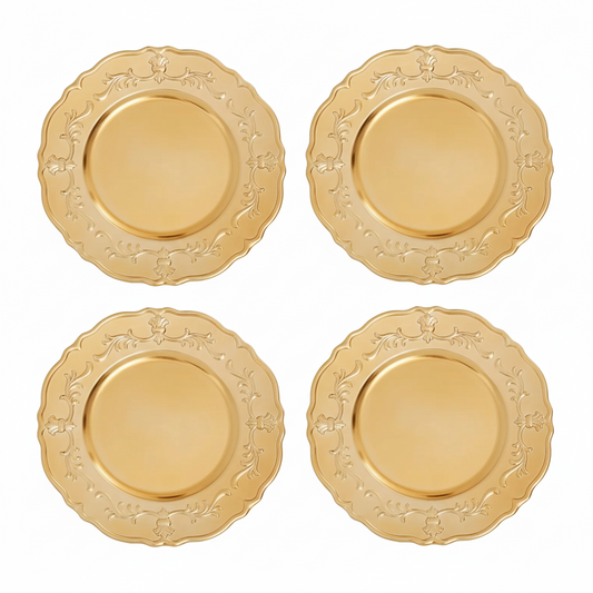 Set of four gold baroque charger plates with scalloped rim, 33cm