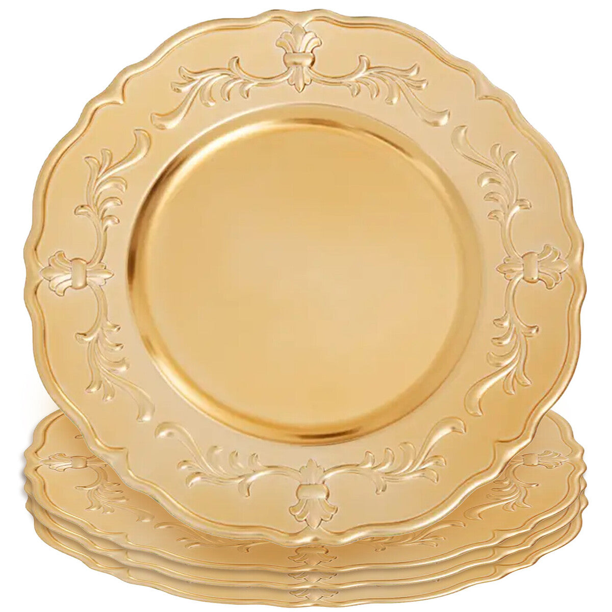 Gold baroque charger plate styled with tableware for a formal dinner