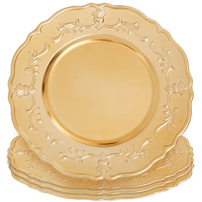 Gold baroque charger plate styled with tableware for a formal dinner