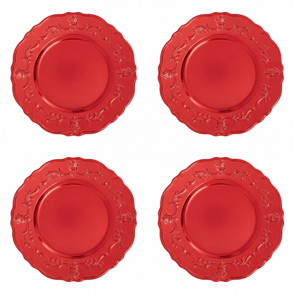 Set of four red baroque charger plates with scalloped rim, 33cm
