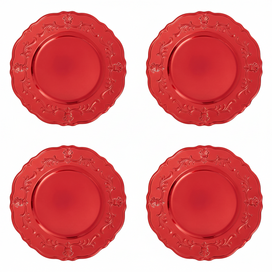 Set of four red baroque charger plates with scalloped rim, 33cm