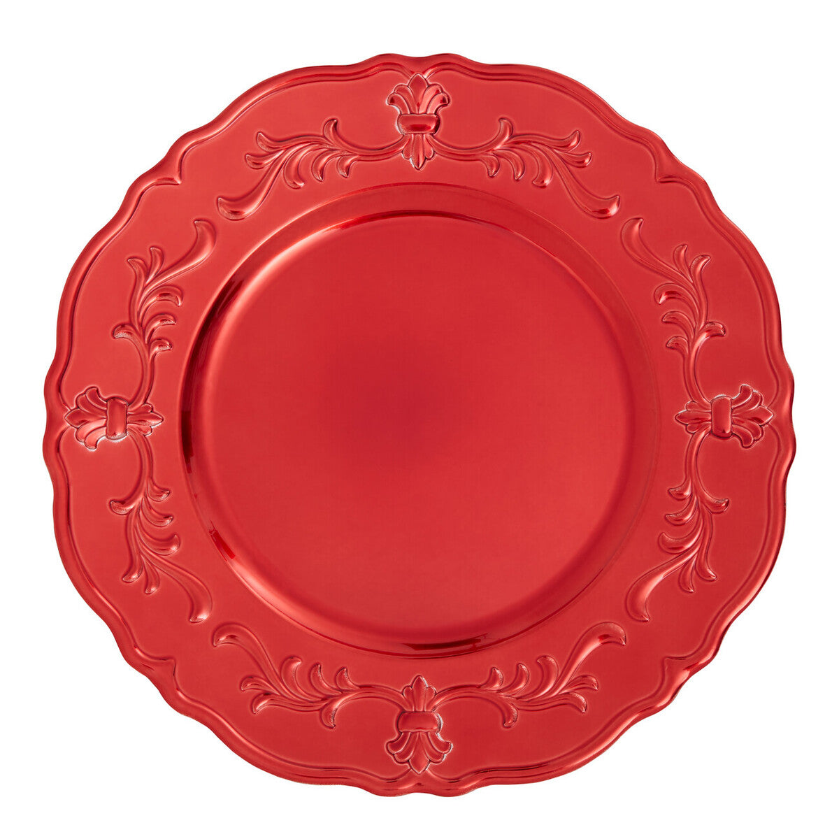Red baroque charger plate laid beneath a dinner plate in a place setting