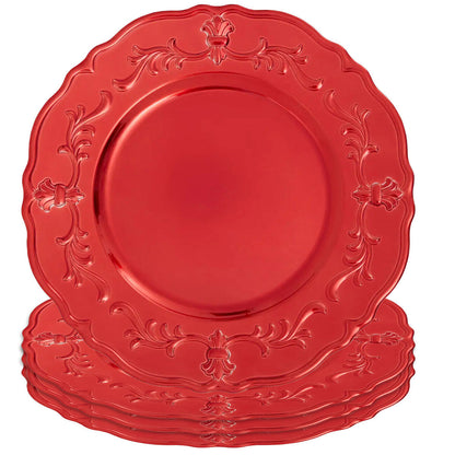 Close-up detail of the scrollwork on the red baroque charger plate