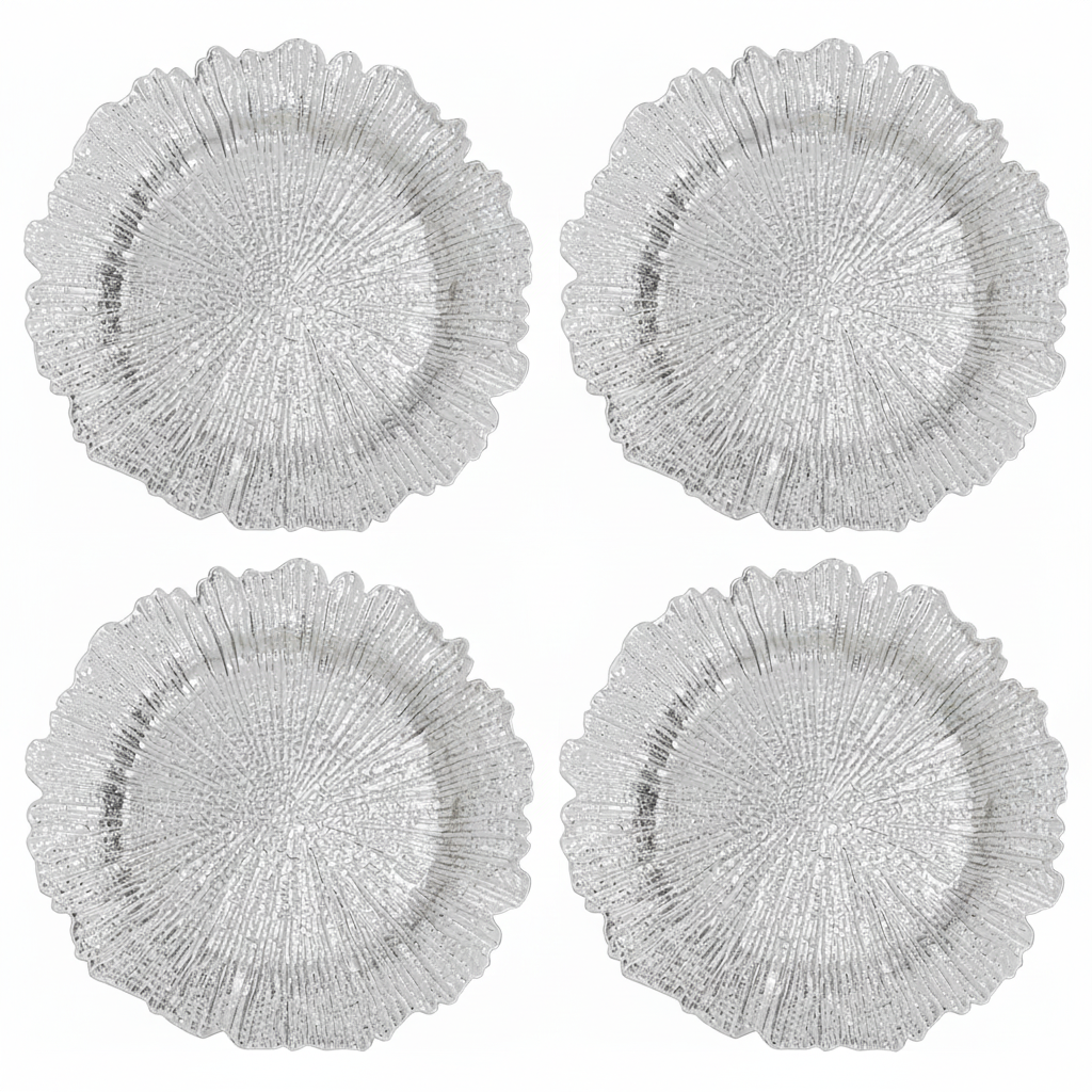 Set of four silver reef-textured charger plates, 33cm
