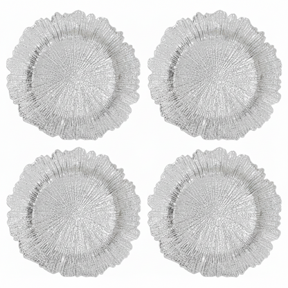 Set of four silver reef-textured charger plates, 33cm