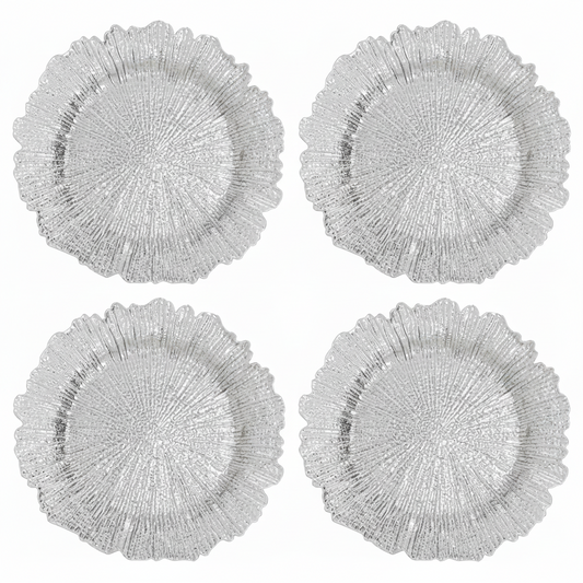 Set of four silver reef-textured charger plates, 33cm