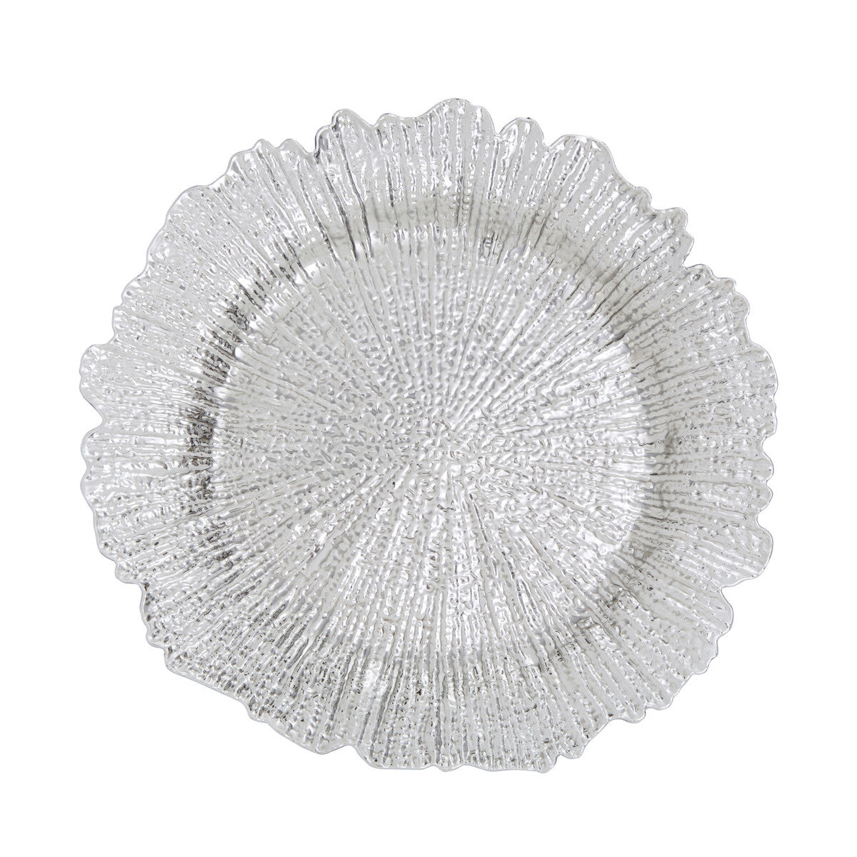 Silver reef charger plate laid beneath a dinner plate in a place setting