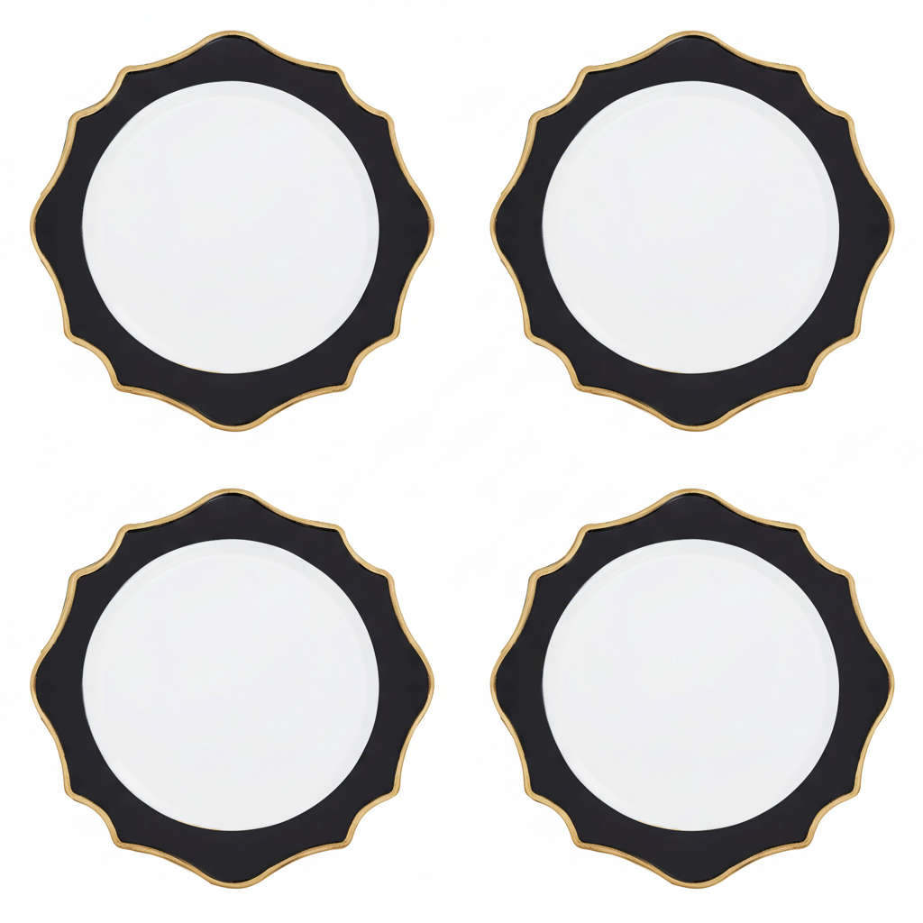 Set of four white and black round charger plates, 33cm