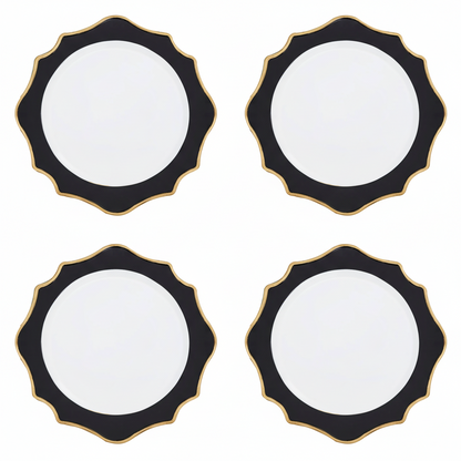 Set of four white and black round charger plates, 33cm