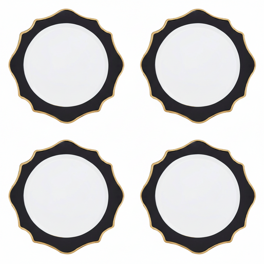 Set of four white and black round charger plates, 33cm