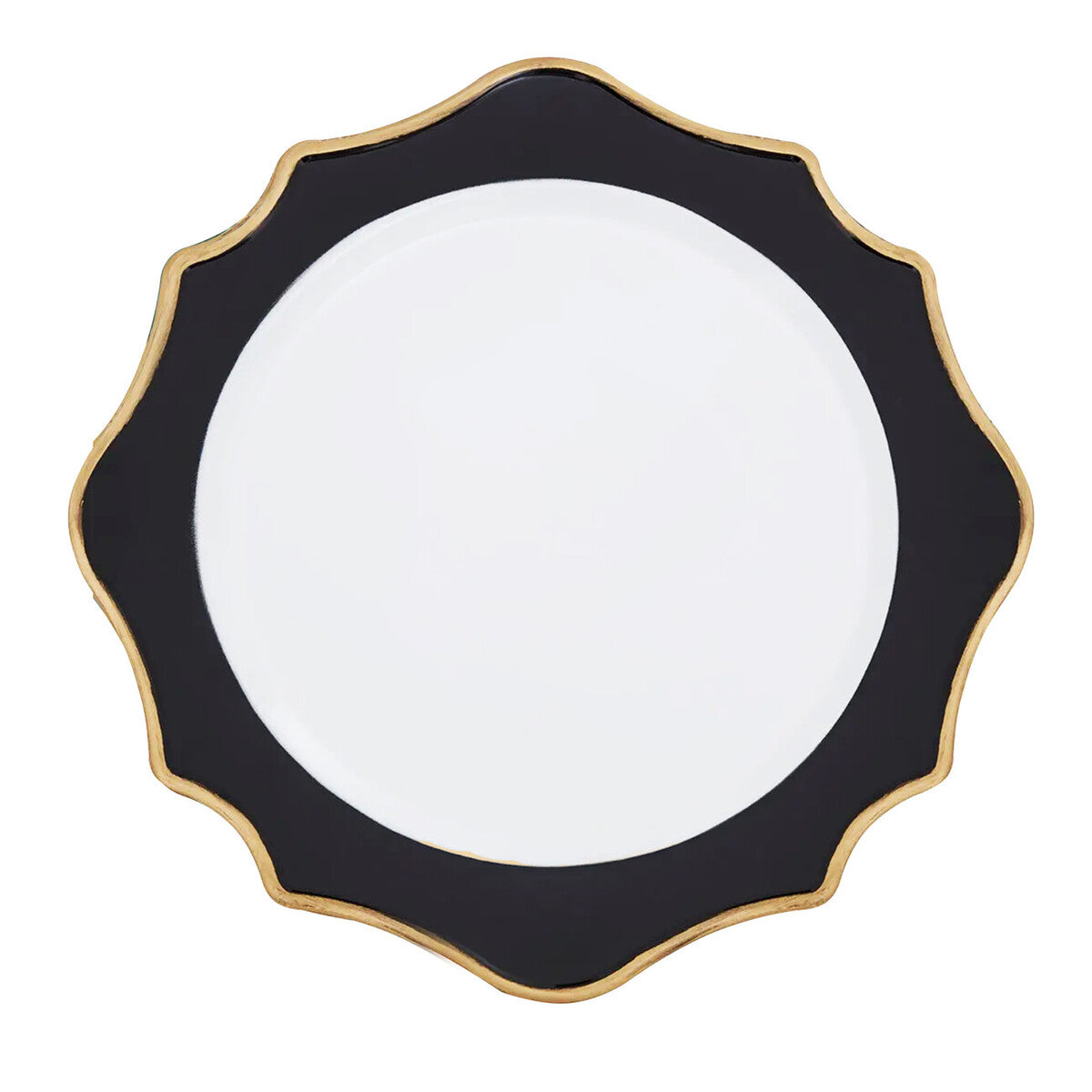 White and black charger plate laid beneath a dinner plate