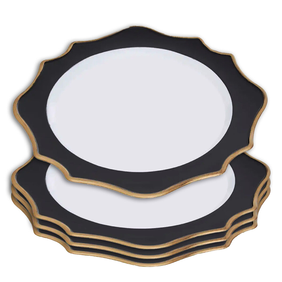White and black charger plates styled with tableware for a formal dinner