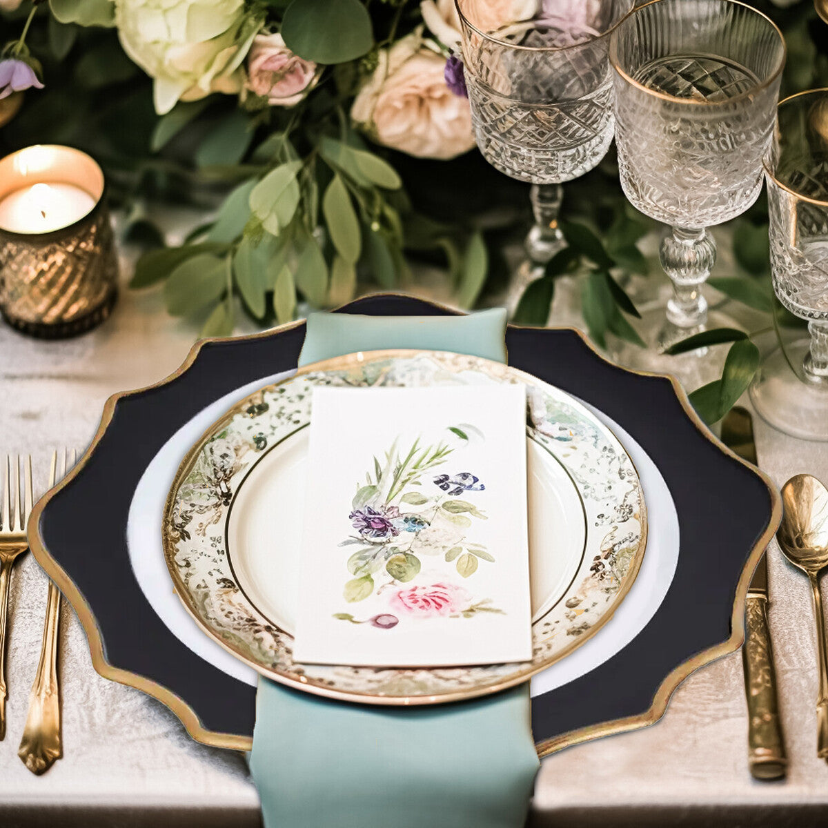 White and black charger plates stacked showing the scalloped rim
