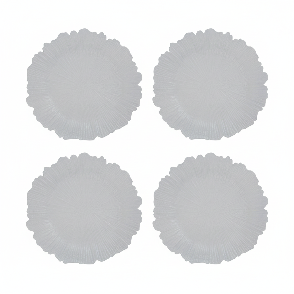 Set of four white reef-textured charger plates, 33cm