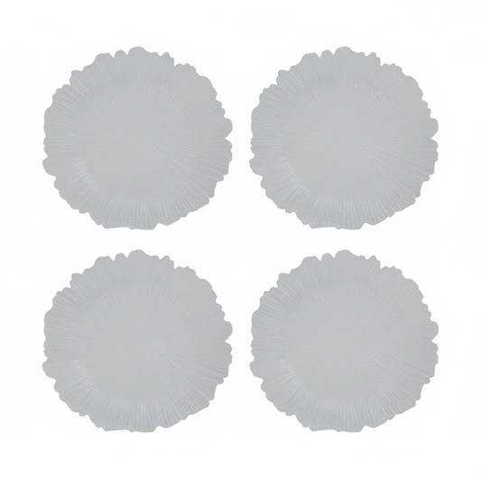 Set of four white reef-textured charger plates, 33cm