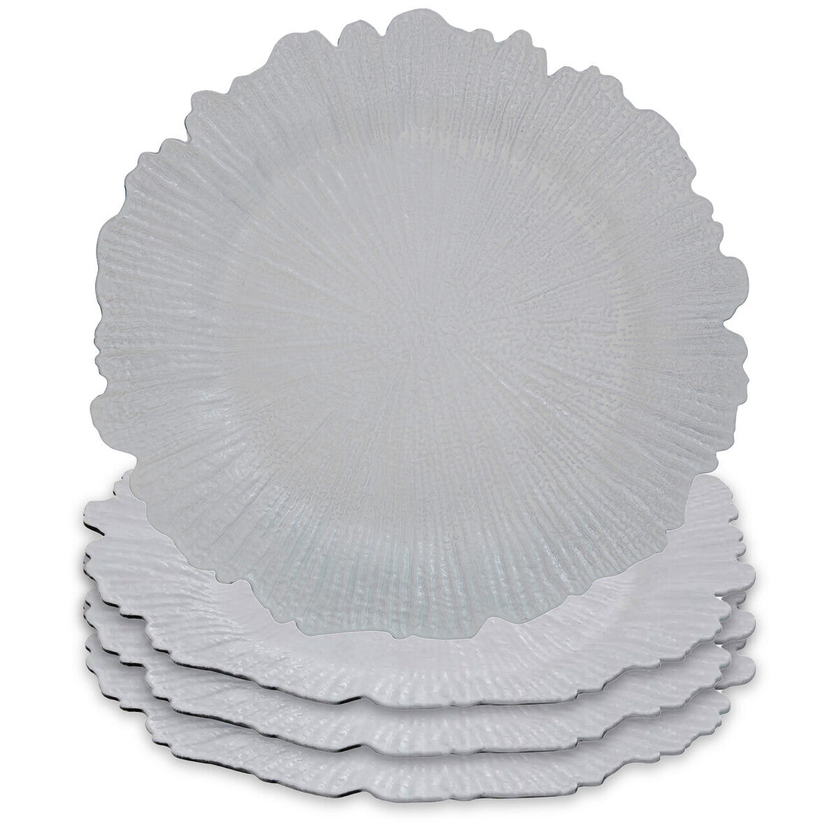 White reef charger plate laid beneath a dinner plate in a place setting