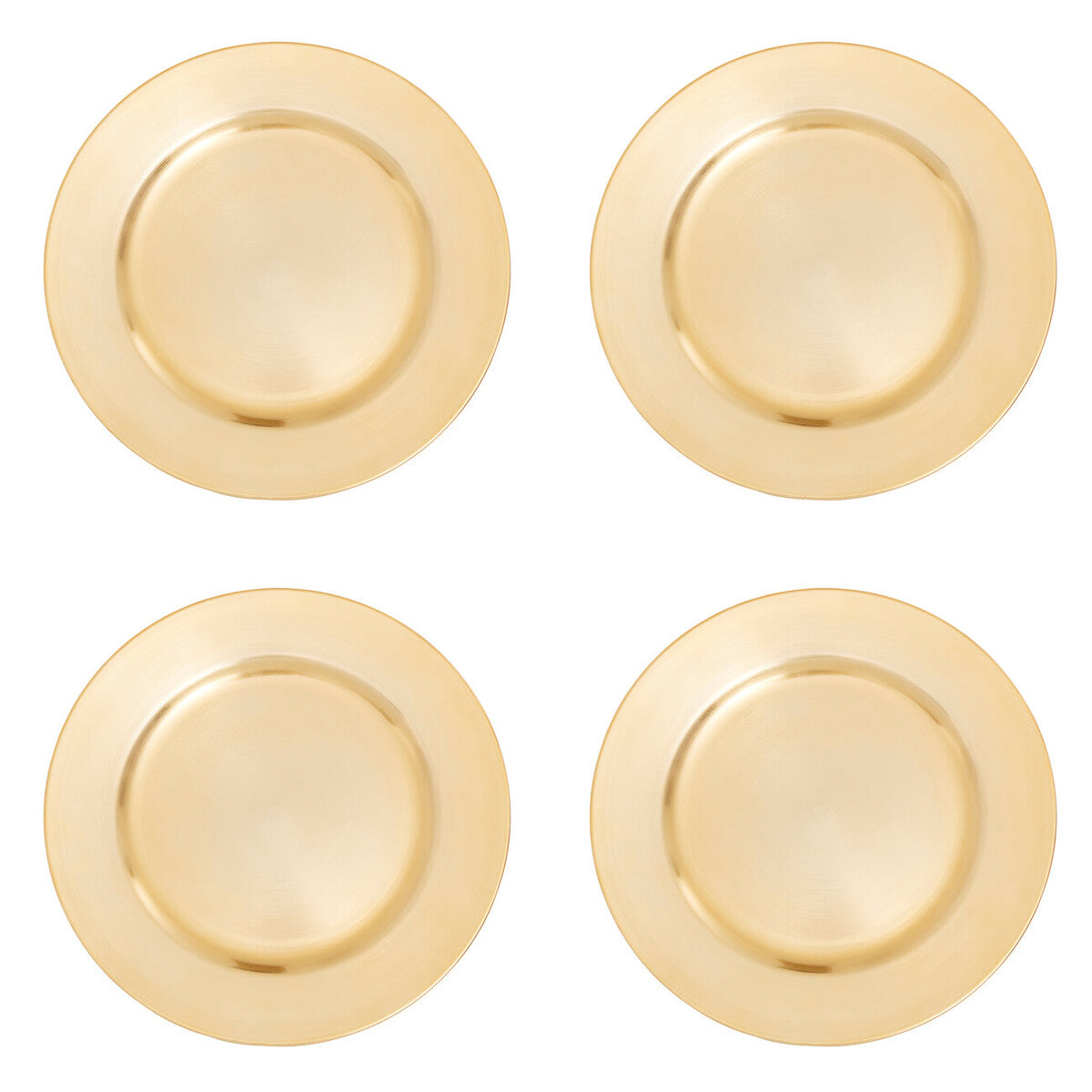 Set of four gold flat style charger plates, 33cm