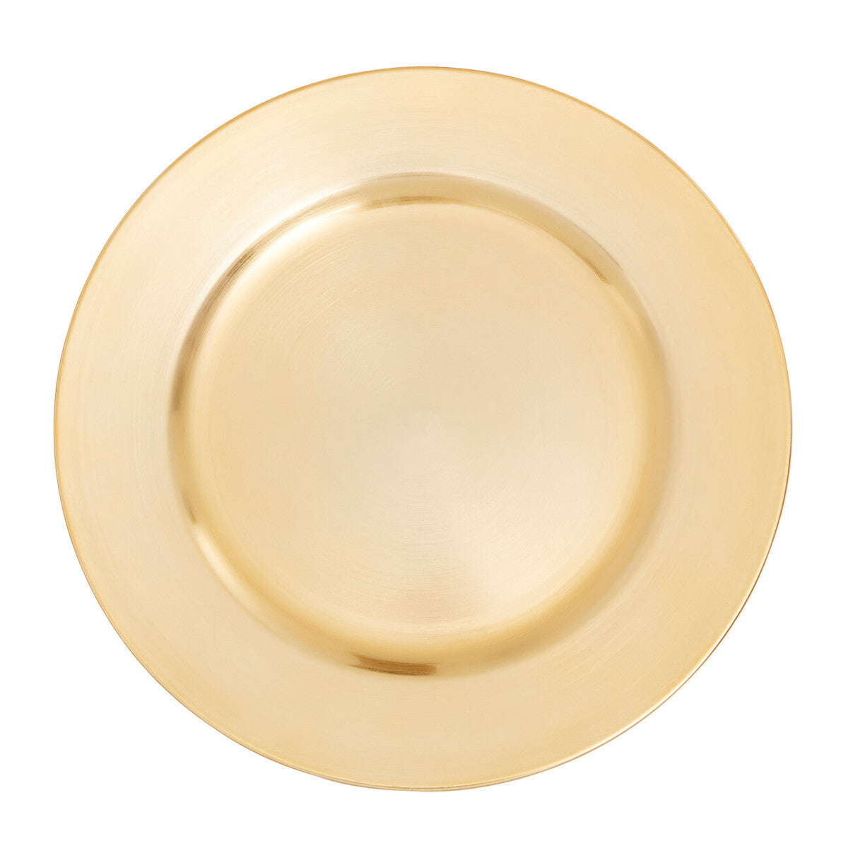 Four gold flat style charger plates styled across a dining table