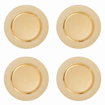 Set of four gold pebble-effect charger plates, 33cm