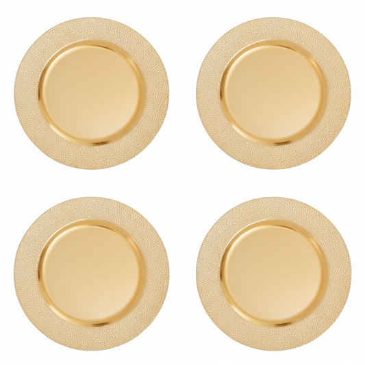Set of four gold pebble-effect charger plates, 33cm
